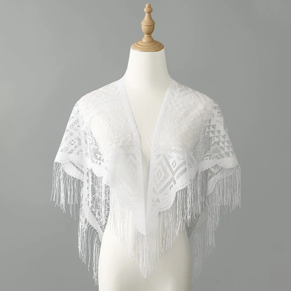 Fashion Pure Color Lace Scarf Hollow Mesh Transparent Wedding Party Shawl with Tassels Lady Capes Wraps