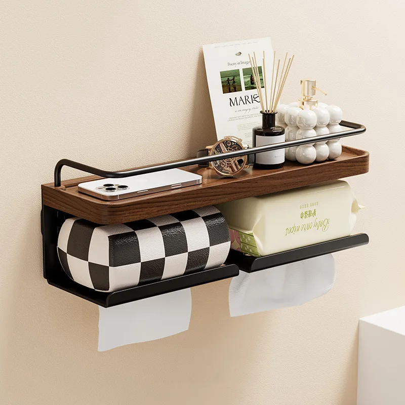 ‌Double Roll Tissue Holder, Solid Wood Bathroom Organizer, Rust-Proof Wall Shelf, Modern Storage Decor for Small Space‌