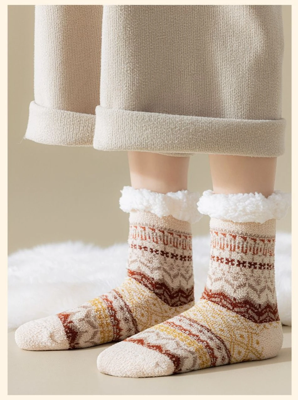 Bodensocken aus Lammwolle, Herbst und Winter, Fleece, verdickt, warm, rutschfest, Silikon, Heimsocken, Röhrensocken im Ethno-Stil – Detail 4