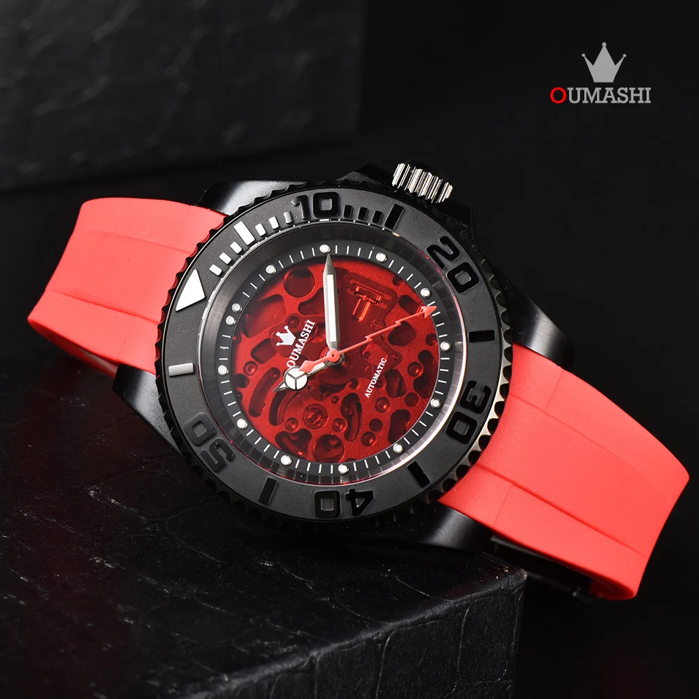 40mm OUMASHI Men\'s Watch Black Red Style Luxury Auto Watch NH watch 70 Stainless Steel Waterproof Watch