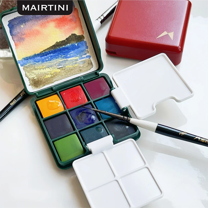 MAIRTINI Watercolor Paint Set 9-color Mini Travel Portable Palette Solid Watercolor Paint Sketching Painting Brush Art Supplies