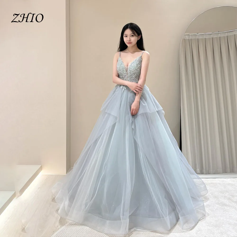 

ZHIO Шикарное кружевное свадебное платье с v-образным вырезом, корейское вечернее платье трапециевидной формы длиной до пола, тюлевое вечернее платье для особых случаев по индивидуальному заказу