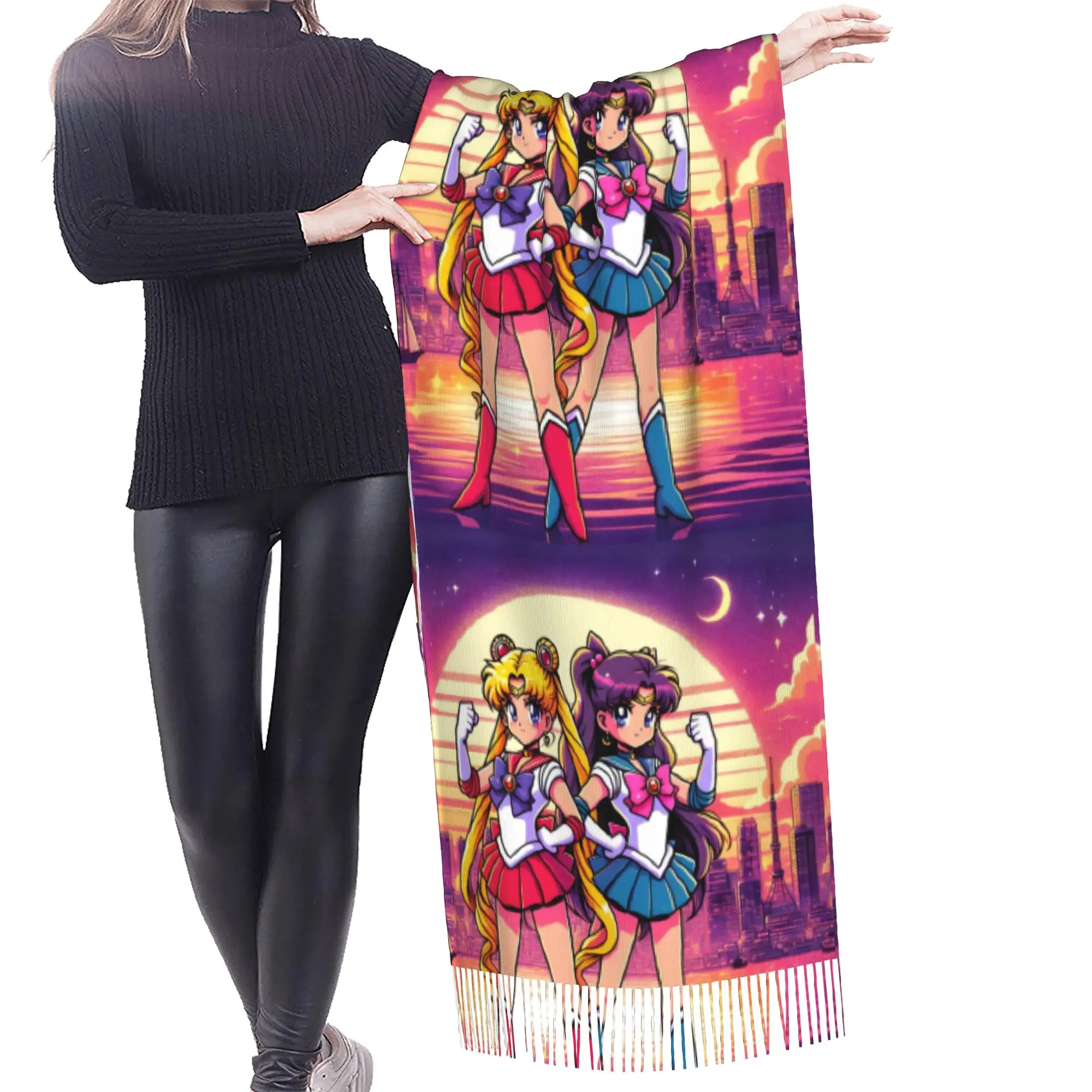 Custom Lady Long Sailored Manga Anime Mooned Scarves Women Winter Fall Thick Warm Tassel Shawl Wraps Usagi Tsukino Scarf