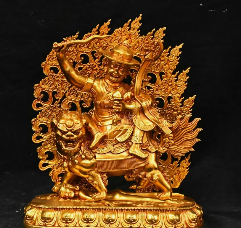 11.4''Old Bronze Gilt Dorje Shugden Lion‑riding Dharma Protector Buddha Statue