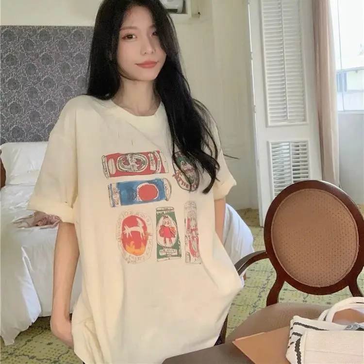 Actual shot 2024~Korean round neck printed short-sleeved T-shirt for women, loose and versatile top