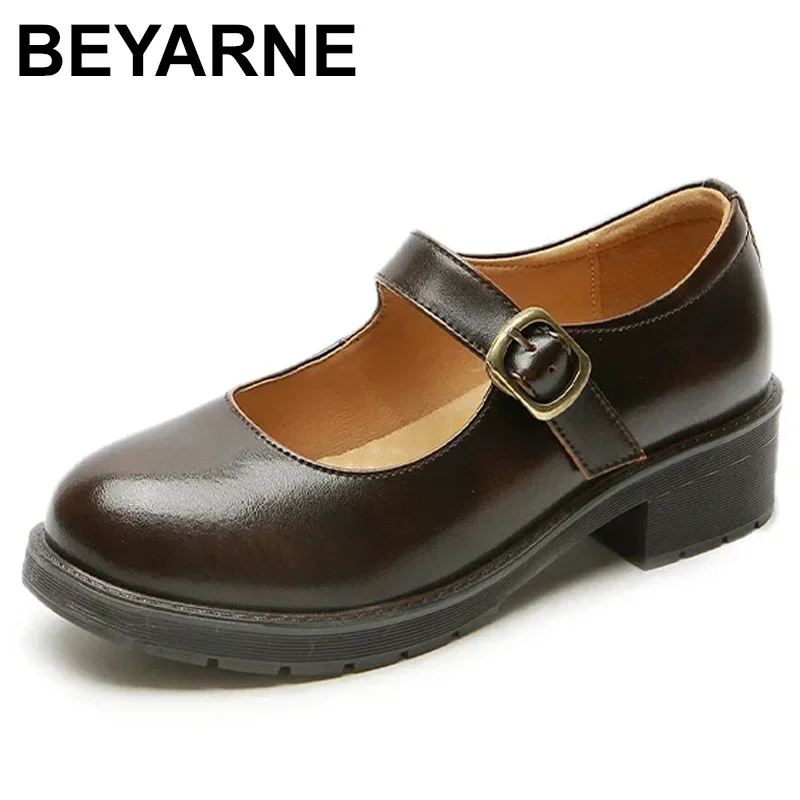 BEYARNE  Spring New Small Leather Shoes Female Uniform Round Toe Thick Heel British College Style Women\'s Shoes Vintage Shoes