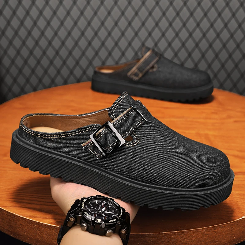 Thick-soled Half Shoes For Men Mules Denim Platform Closed Toe Sandals Slip On Backless Loafers Slipper Semi-Drag Casual Shoes