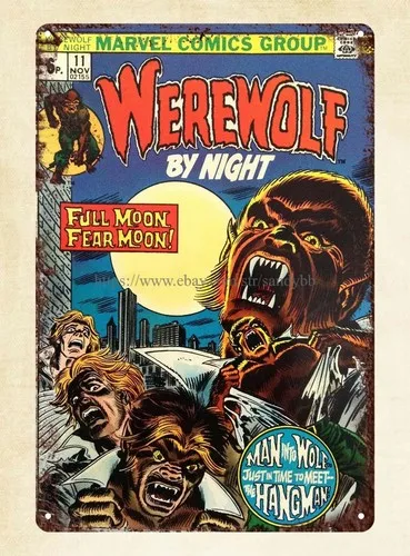 Pancarte en métal inspirée du comic Werewolf By Night de 1973 pour chambre à coucher