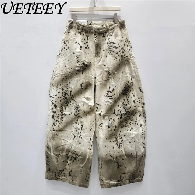 

Женские широкие джинсы в стиле ретро в американском стиле High Street, осень 2024, новые свободные утягивающие драпированные брюки с леопардовым принтом, длинные брюки