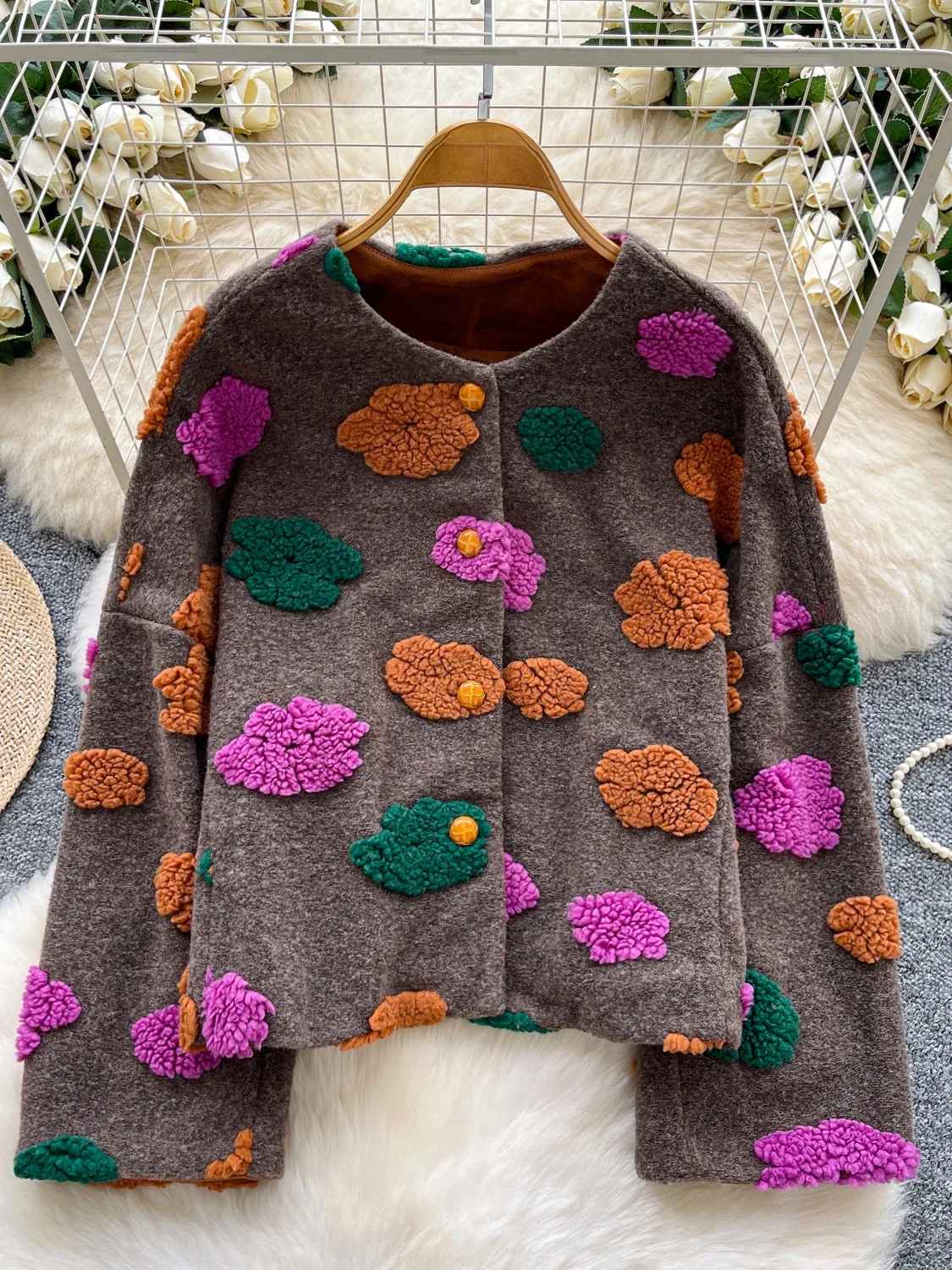 

Dongda Gate женский круглый открытый кардиган с воротником из меха ягненка, повседневный топ, модная верхняя одежда, сезон весна-осень-зима