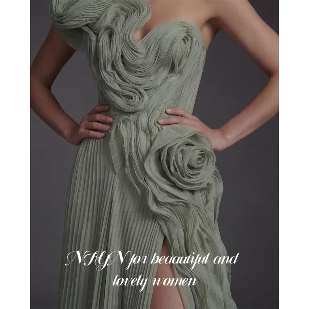 NFYN Sage Green 프롬 드레 One Shoulder Sleeveless Prom Gown A Line Party Dresses for Formal Event High Split 3D Flowers Customized view 3