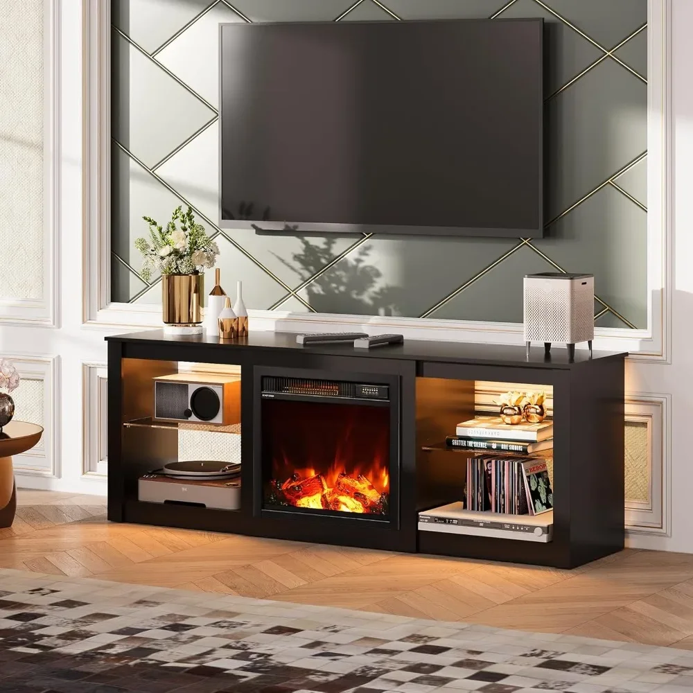 Fireplace TV Console with LED Lights, Modern TV Stand for Living Room, Entertainment Console with Glass