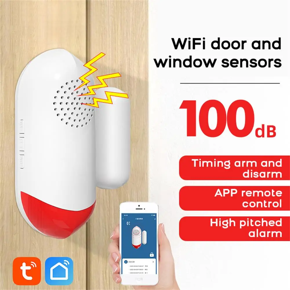 TUYA WIFI المنزل الذكي 100 ديسيبل إنذار الباب والنافذة الاستشعار إنذار المغناطيسي إنذار الأمن صفارة الإنذار فلاش مصباح
