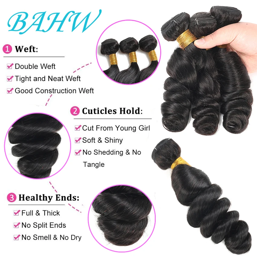 Fasci di onde sciolte peruviane BAHW con fasci di capelli umani vergini frontali in pizzo 13x4 con estensione dei capelli di colore naturale frontale in pizzo