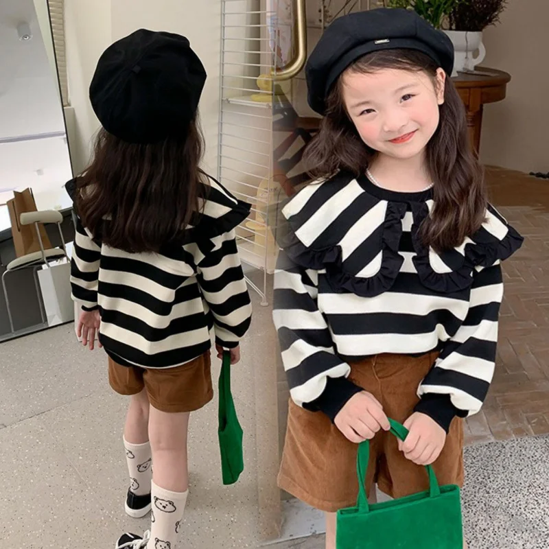 

Hnq-Children's Sweet Large Lapel Sweater Autumn Girls' Striped Top3-8Children's Clothing One Piece Dropshipping