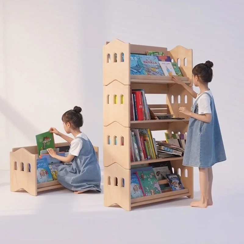 All solid wood bookshelf, reading picture book shelf, stackable floor shelf combination
