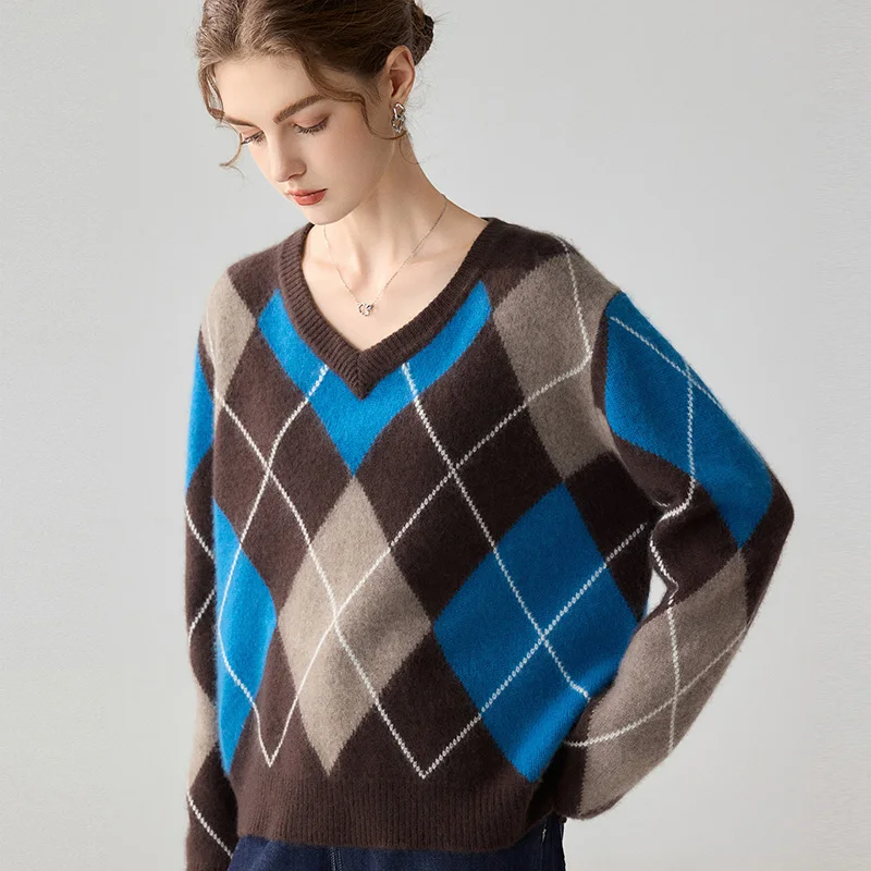 Retro Lazy Loose V Neck Diamond Grid Knitwear Womens Autumn Winter Thick Cashmere Overhead Color Block Knitted Top 100% Percent