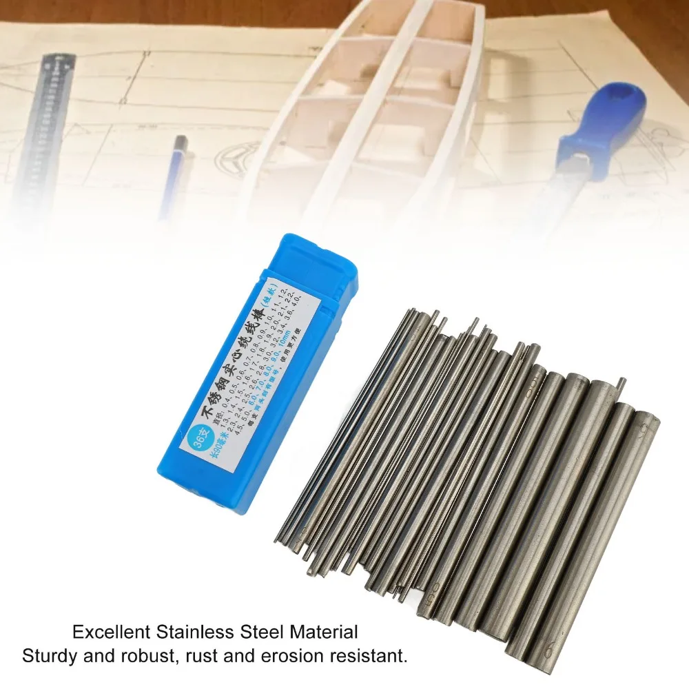 

Набор из 36 штук: Проволочные стержни из нержавеющей стали различных размеров в коробке для хранения, цельные круглые металлические стержни для обмотки проволокой