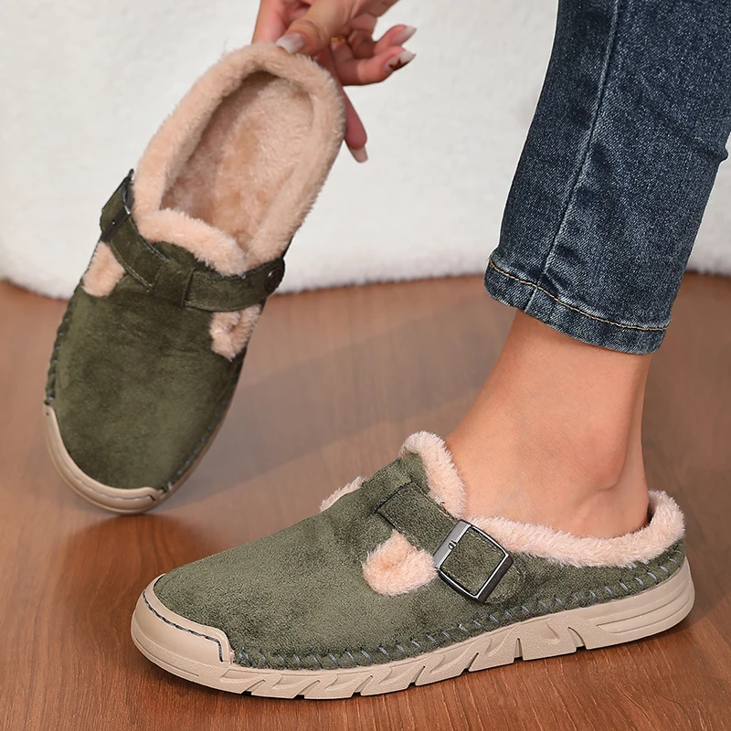 Damenmode Baotou-Slipper Winter Neu Rundkopf Tiefer Schnitt Schnallenverschluss Weiche Sohle Rutschfest Verschleißfest Flache Schuhe – Detail 5