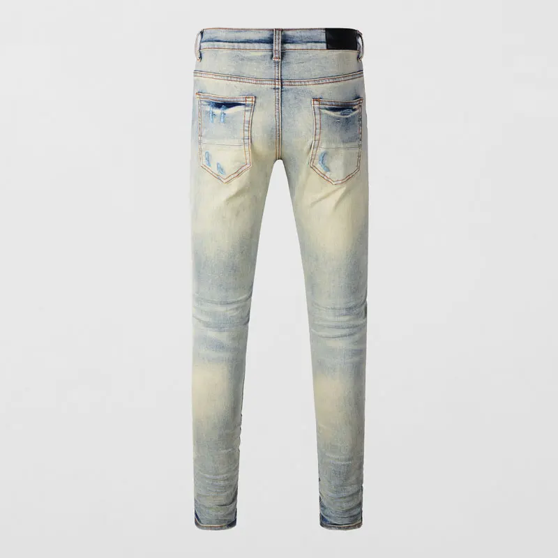 Designer High Street Fashion New Light Blue Men's Jeans Stretch Slimming White Leather Patch Hip Hop Brand Pants HombreY2K