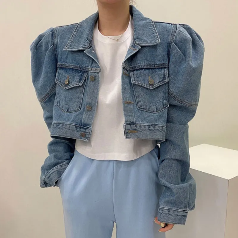 Matakawa Short Jackets Women Solid Autumn Puff Sleeve Vintage Korean Fashion Denim Chaquetas Simple Elegant Veste Femme 3 Matakawa Short Jackets Women Solid Autumn Puff Sleeve Vintage Korean Fashion Denim Chaquetas Simple Elegant Veste Femme 3
