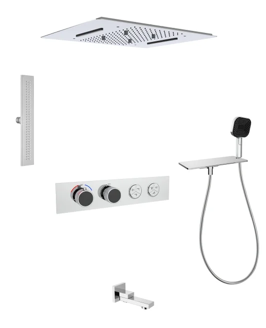 Brass Concealed 6-function Constant Temperature Button Shower Wall Type Waterfall Rainforest Showerhead Set