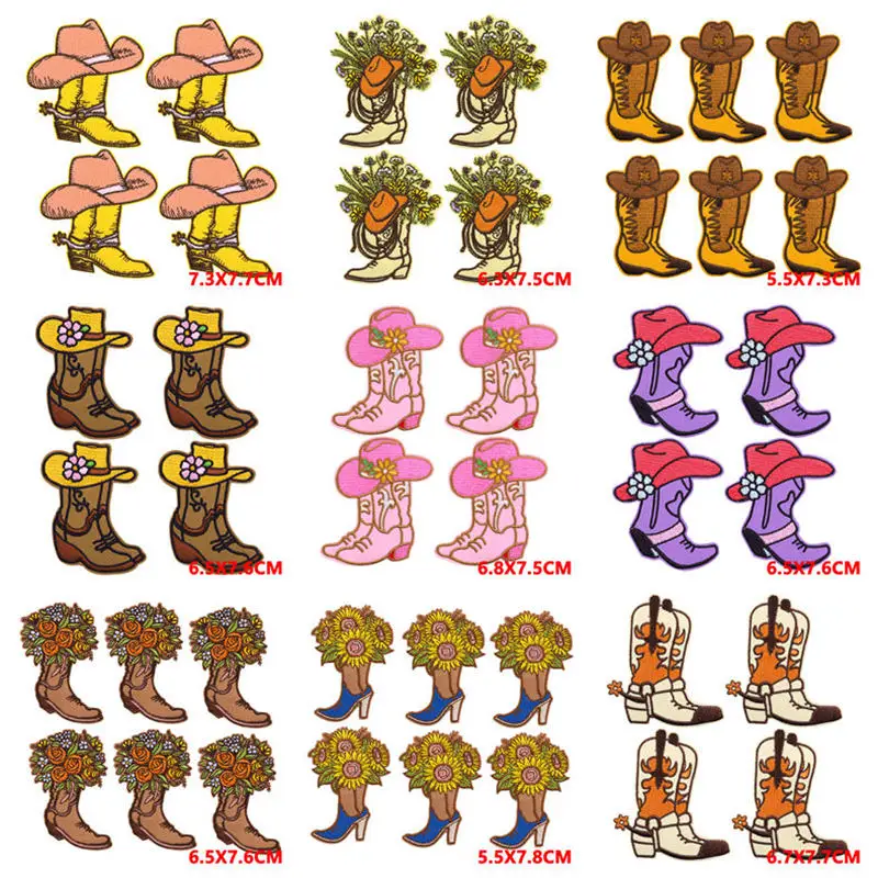 10PCS Wholesale Western Cowboy Boots Patches On Clothes Outdoor Iron On Patches For Clothing Stickers Embroidered Patch Applique