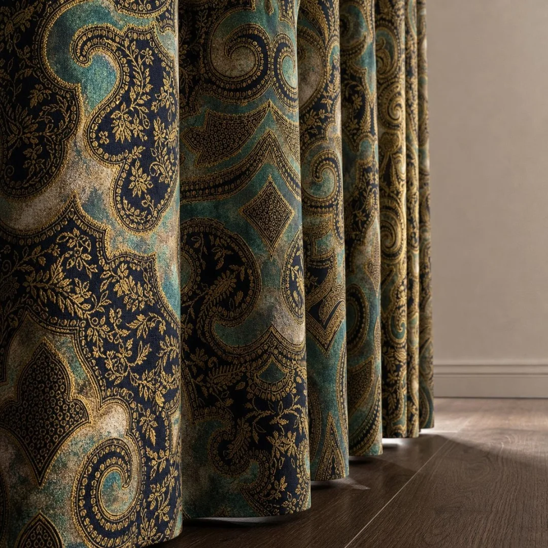 Vintage Damask Jacquard Curtain,Green Gold Luxury Woven Drapes,Ornate Window Curtain for Living Room Bedroom