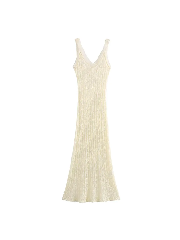 

European and American 2024 autumn new women's fashion versatile slim backless straps V-neck lace midi long dress