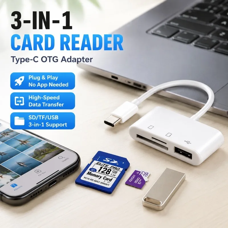 3‑in‑1 Multi‑functional OTG Card Reader Type‑C Adapter Support TF SD Memory Cards USB Flash Drive Connect Mobile Phones