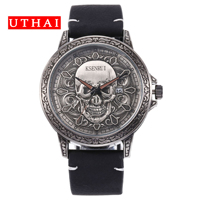 UTHAI CQ301 Trendy and Cool Man watch Skull Leather Strap Quartz Watch Halloween Clock Gift watches for man