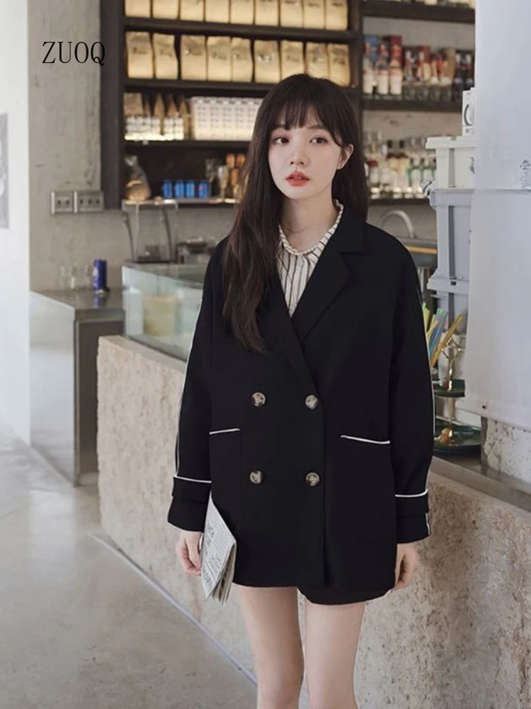 

2026 Fashion Vintage Jacket Woman Double-breasted Notched Collar Coat Spring Autumn Casual Loose New Women Clothing