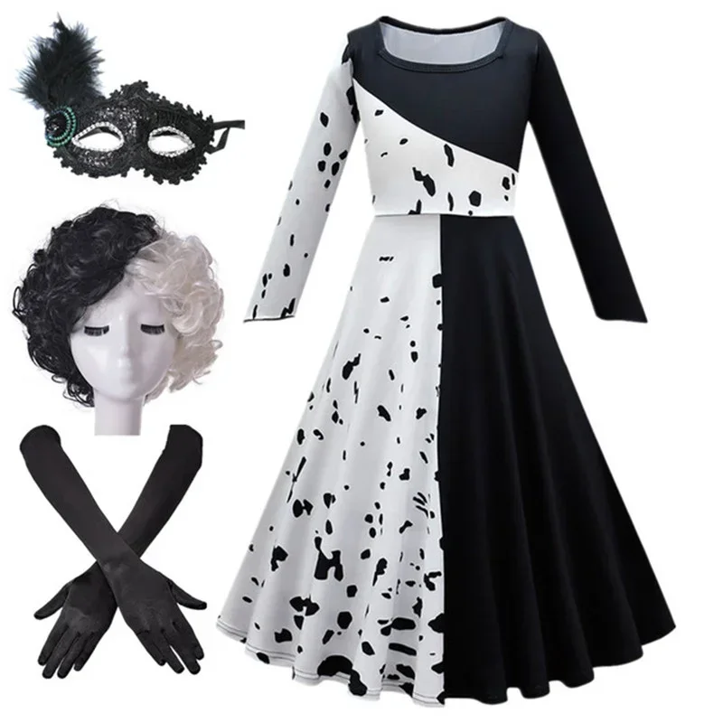 2023 Halloween Child Cruella Costume Masquerade Party Girls Black White Long Dress With Cape Carnival Kids Cruella Wig Lace Mask