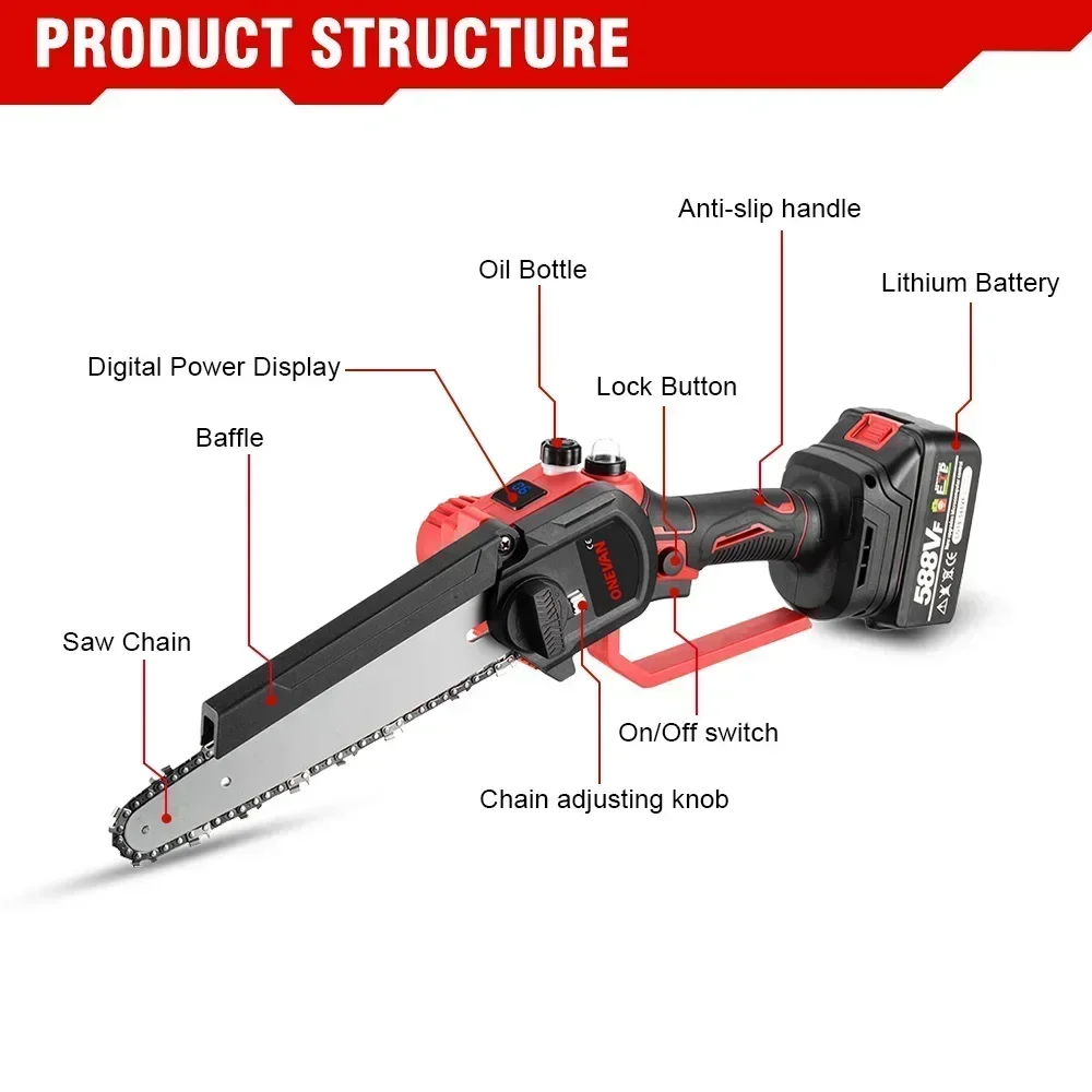 8 Inch Brushless Chain Saw Cordless Pruning Electric Saw Battery Saw Garden Woodworking Power Tool For Makita 18V Battery