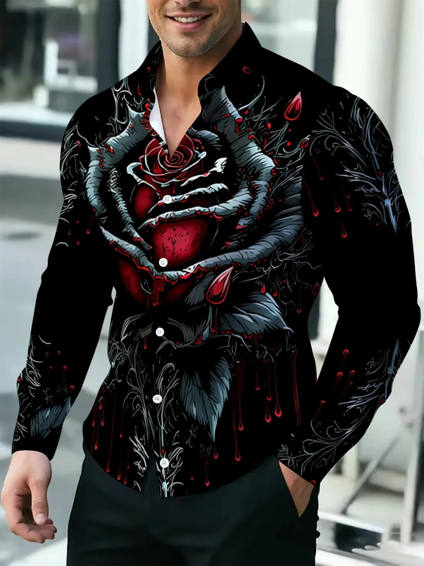 Men Long-Sleeve Button-Down Shirt Black Red Rose Thorn Blood Drop Print Polyester Lapel Collar Party Top