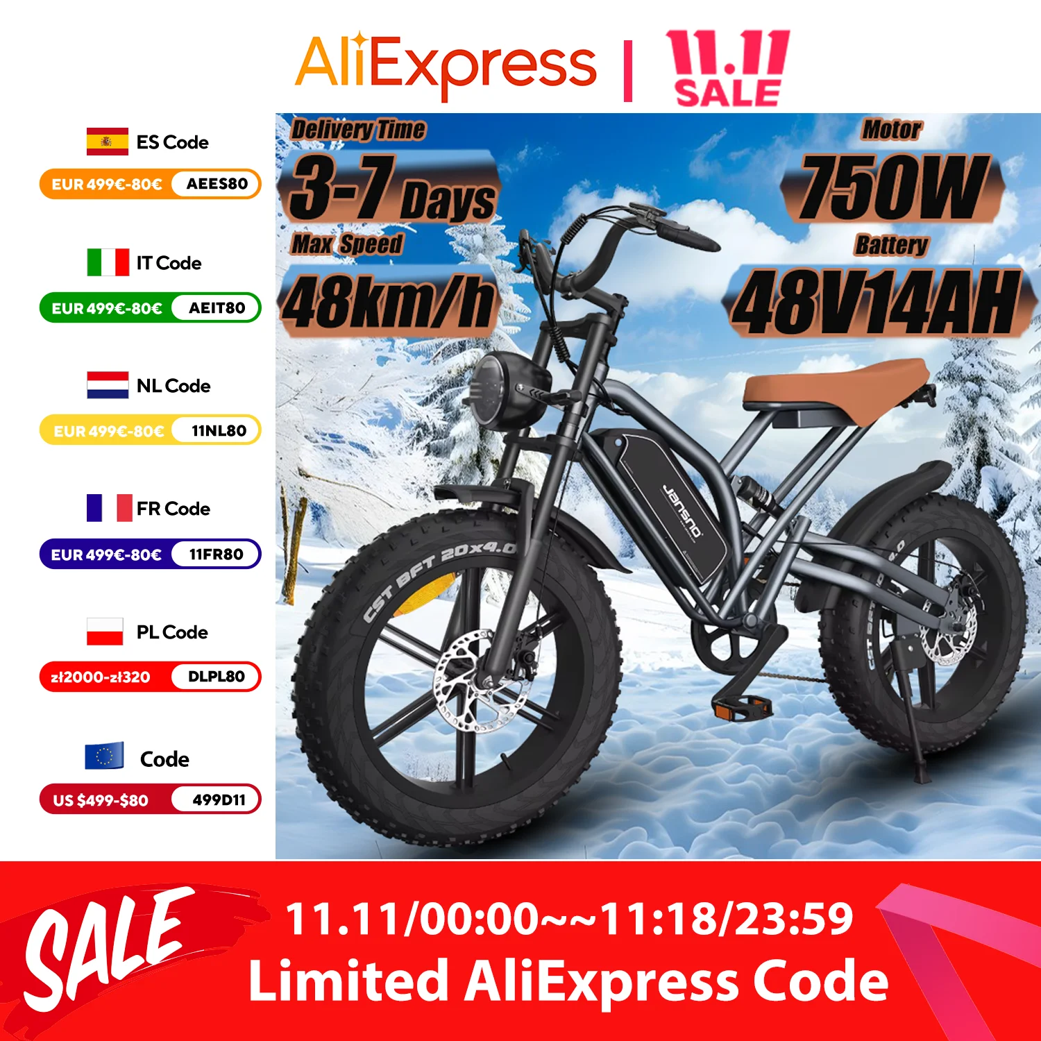 JANSNO X50 Electric Bike 750W Motor 48V14AH Battery 20*4 inch All Terrain Fat Tire Adult E Bike 7-Speed Shimano Electric Bicycle