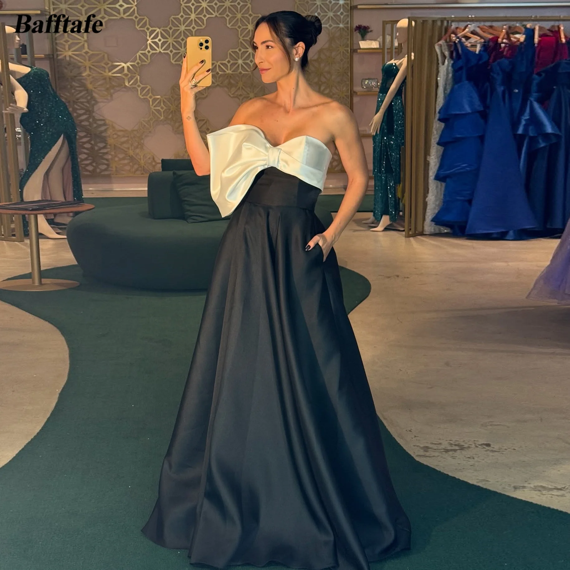 

Bafftafe Black Ivory Satin Women's Party Prom Dresses With Pockets Customized Saudi Arabic Long Formal Occasion Evening Gowns