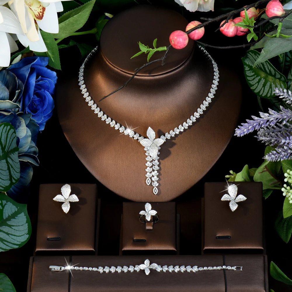HIBRIDE Popular Light Luxury Leaf Necklace Earrings Bracelet Women's Fine Jewelry Set Wedding Travel Bridal Daily Gift S-1189