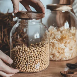 Transparent Glass Storage Jar Large Sealed Coffee Tea Tank with Wooden Cover Miscellaneous Grain Storage Jar Fruit Pickle Bottle