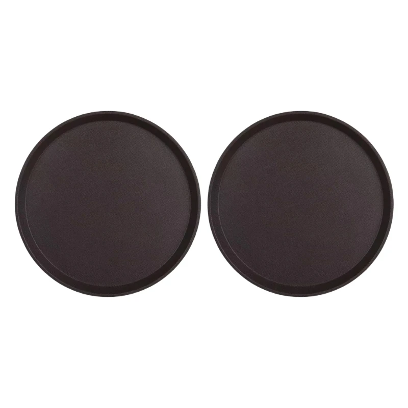 Round Serving Tray Set of 2, 14in Black Plastic Trays with Grip Texture and Raised Rims for Fruit, Appetizers, Beverage KXRE