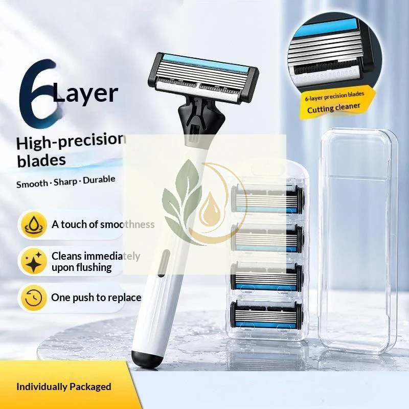 Premium Men's Manual Shaving Razor 6 Sharp Blades Non-Slip Handle with 4 Replacement Refills for Travel