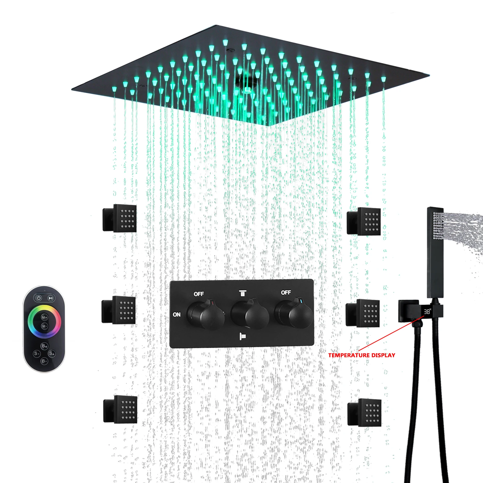 

Matte Black LED Shower System Ceiling Mounted 12 Inch Mist and Rain Shower Head Bathroom Cold and Hot Shower Faucet Set