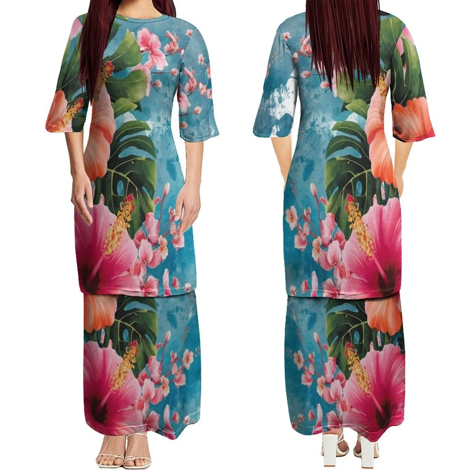 Vestido feminino polinésio, gola redonda, manga média, camada dupla, puletasi, padrão floral personalizado, verão, elegante, vestido emagrecedor