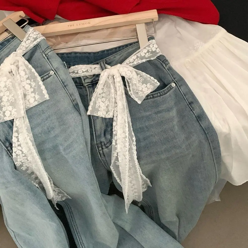 Moda Y2k cintura larga de encaje lazo Floral cinturón de encaje atar vestido fino Jeans cinturón ropa de calle