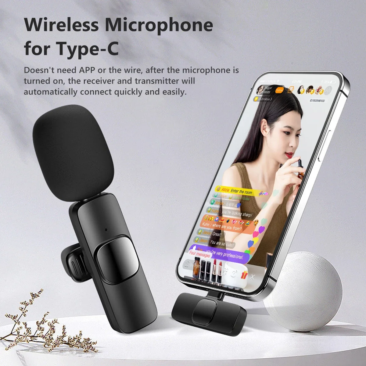 Type C Wireless Lavalier Microphone, Portable Audio Video Recording Mini Mic for Android Typec Live Broadcast Gaming Interview