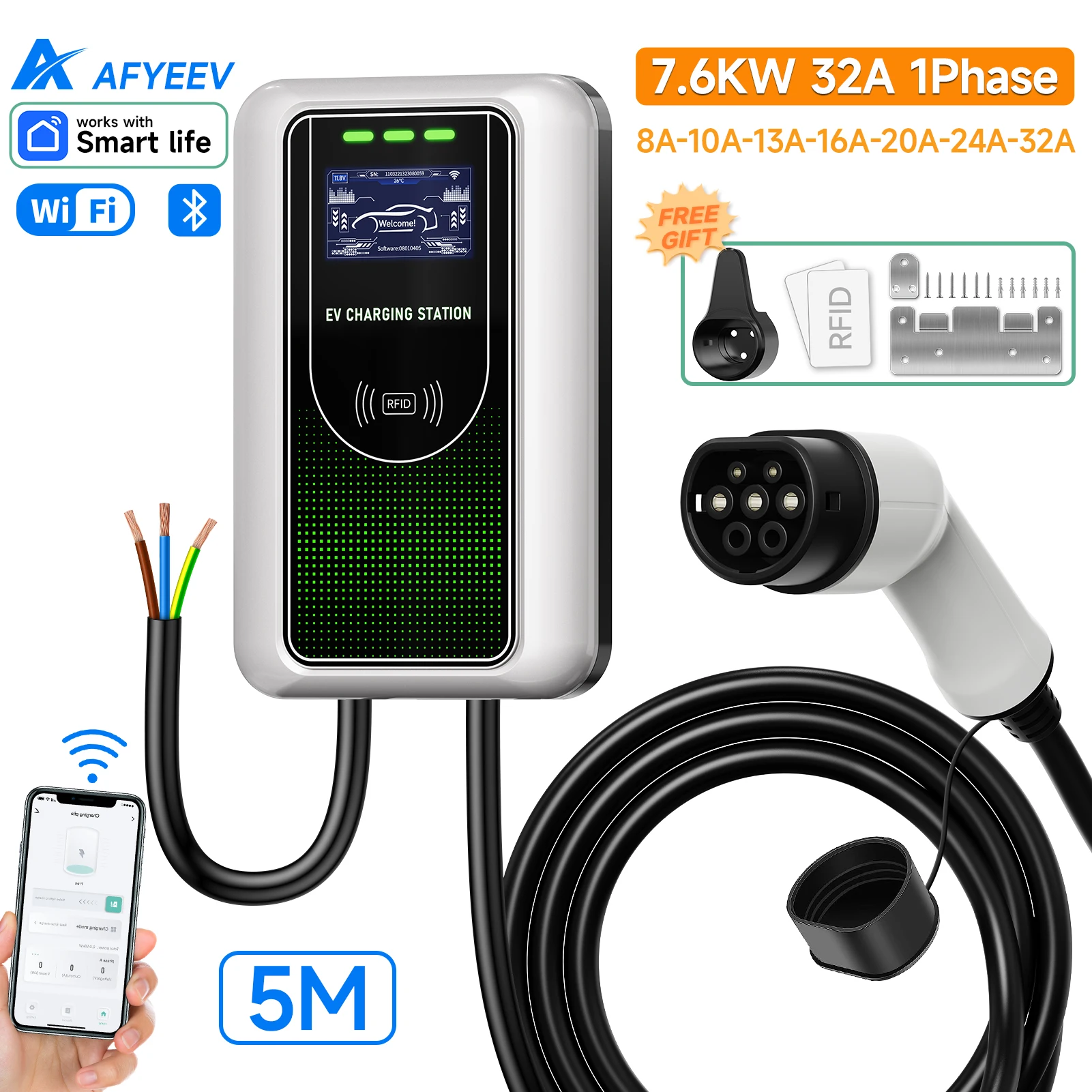 AFYEEV Type2 EV-oplader 32A 7,6KW laadstation Autolader 11KW 22KW 3 fase EVSE Wallbox APP Bluetooth WiFi-afstandsbediening