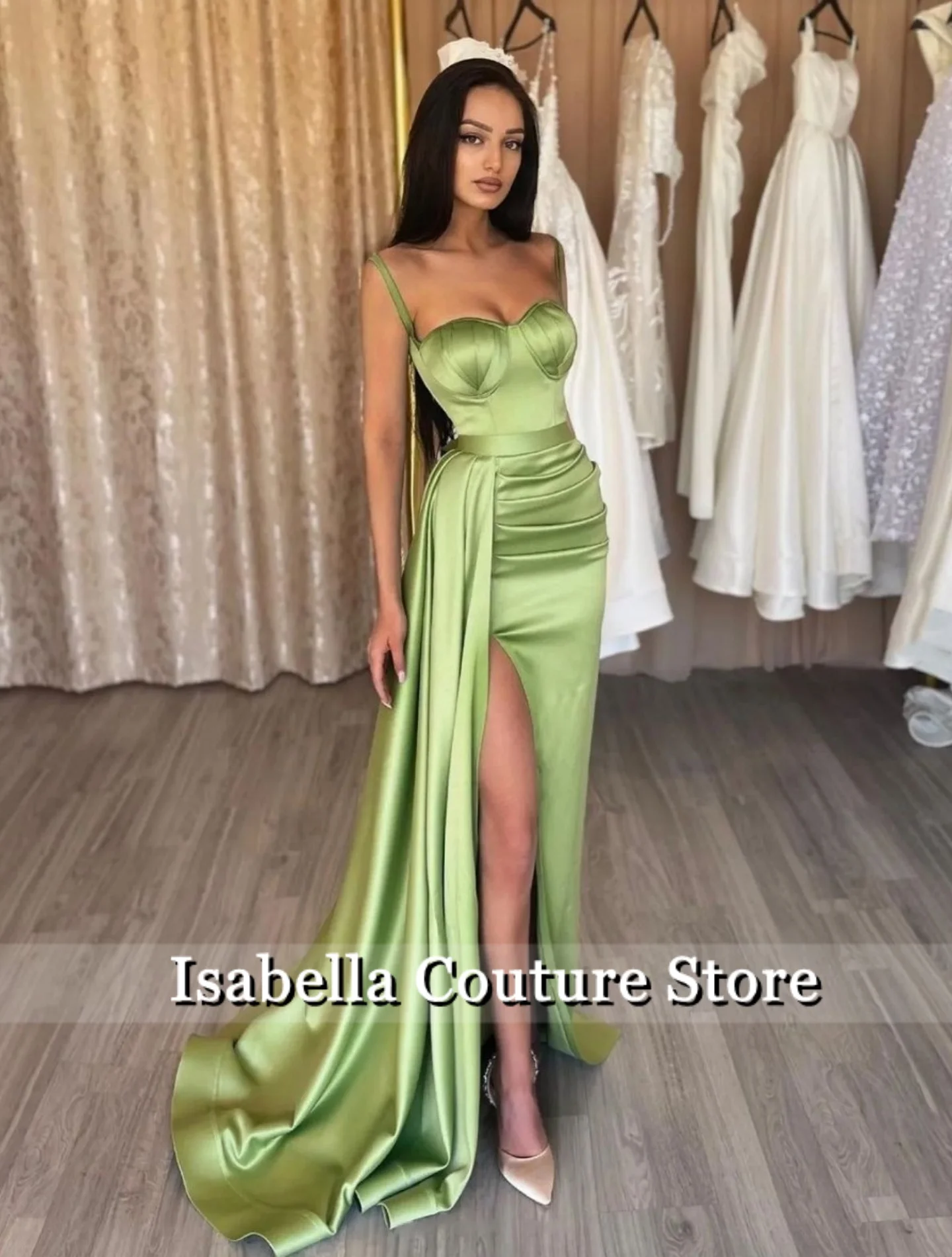 

Sage Green Stain Sweetheart Halter luxurious women's Evening Dresses 2025 Dubai High Slit Train Long Party Gown Customized