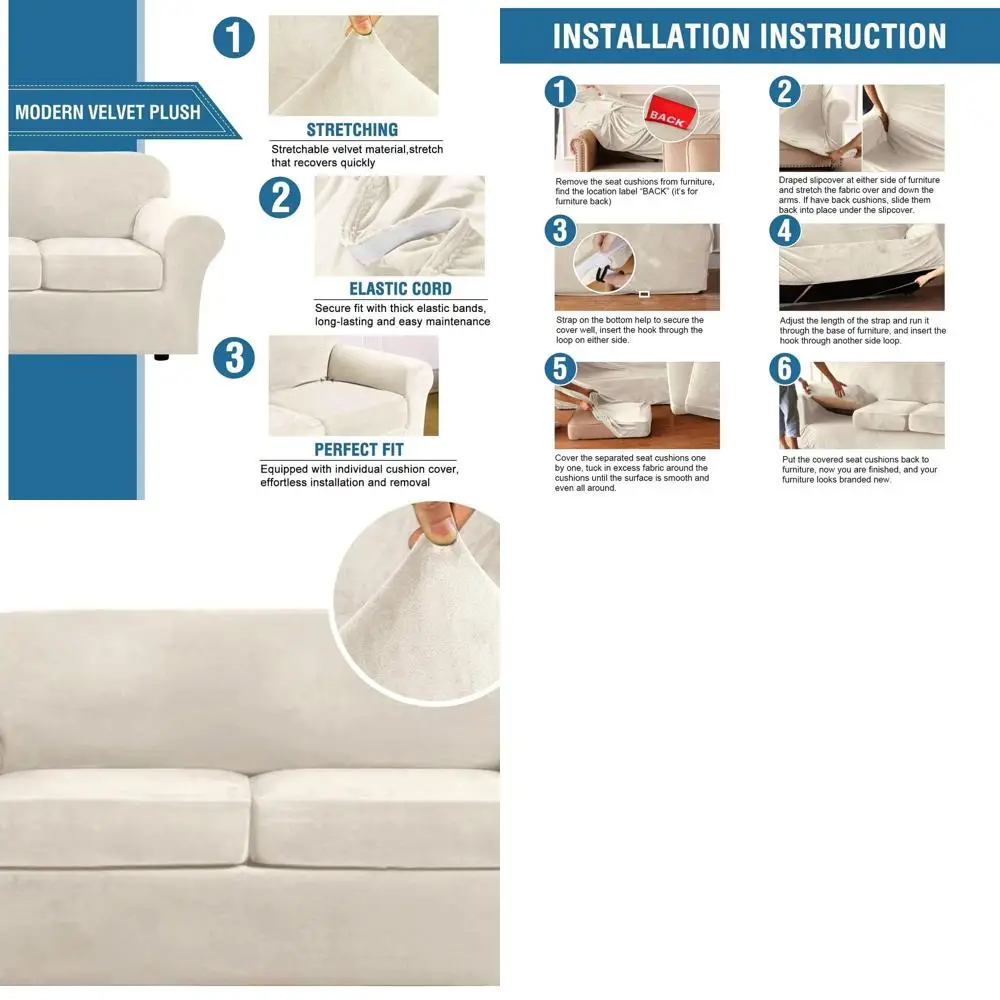 

Комплект чехлов для диванов из 3 предметов цвета слоновой кости для диванов с 2 подушками, подходит для ширины до 90, толстый и мягкий, надежная посадка