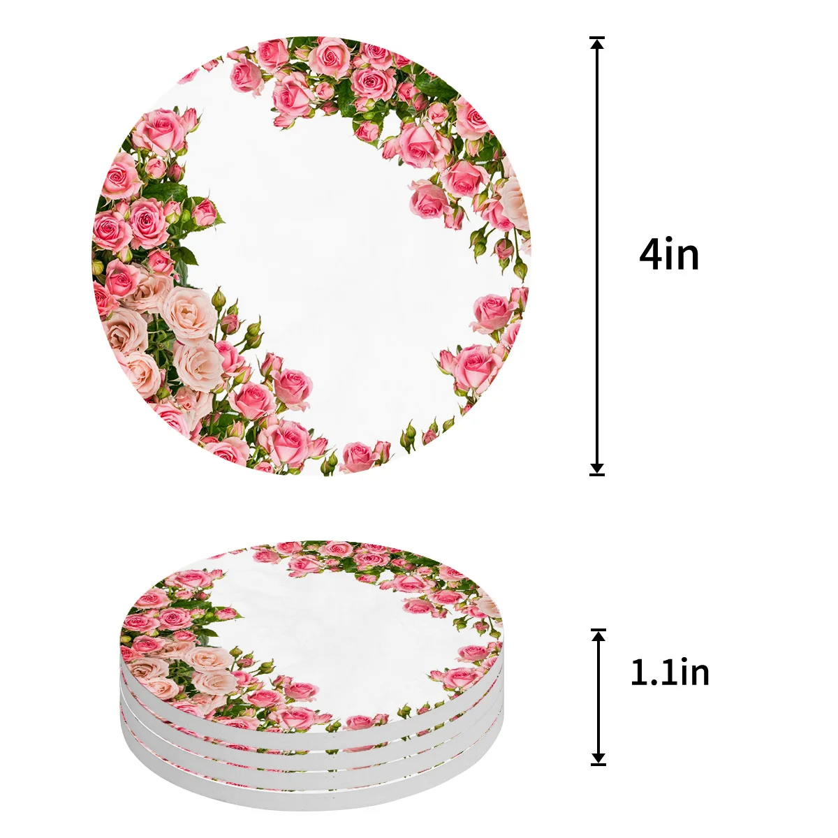 Pink Rose Flower Bouquet White Coasters Ceramic Set Round Absorbent Drink Coaster Coffee Tea Cup Placemats Table Mat