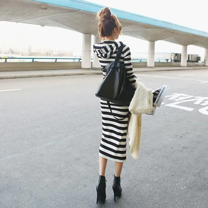 Autumn Women Stripes Print  Pullover Hoodie Dress Long Sleeve Dress Casual Loose Long Section Dress